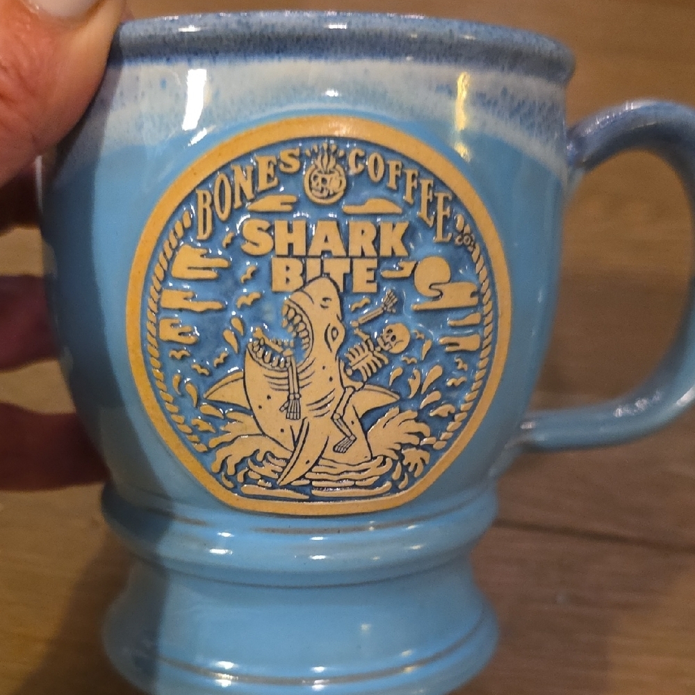 Bones Coffee Shark Bite Blue Glaze Handmade Mug- Deneen Pottery 2021
